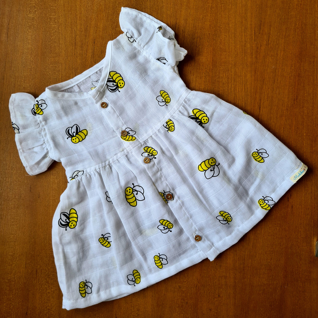 Yellow Bee-Muslin Cotton Frock