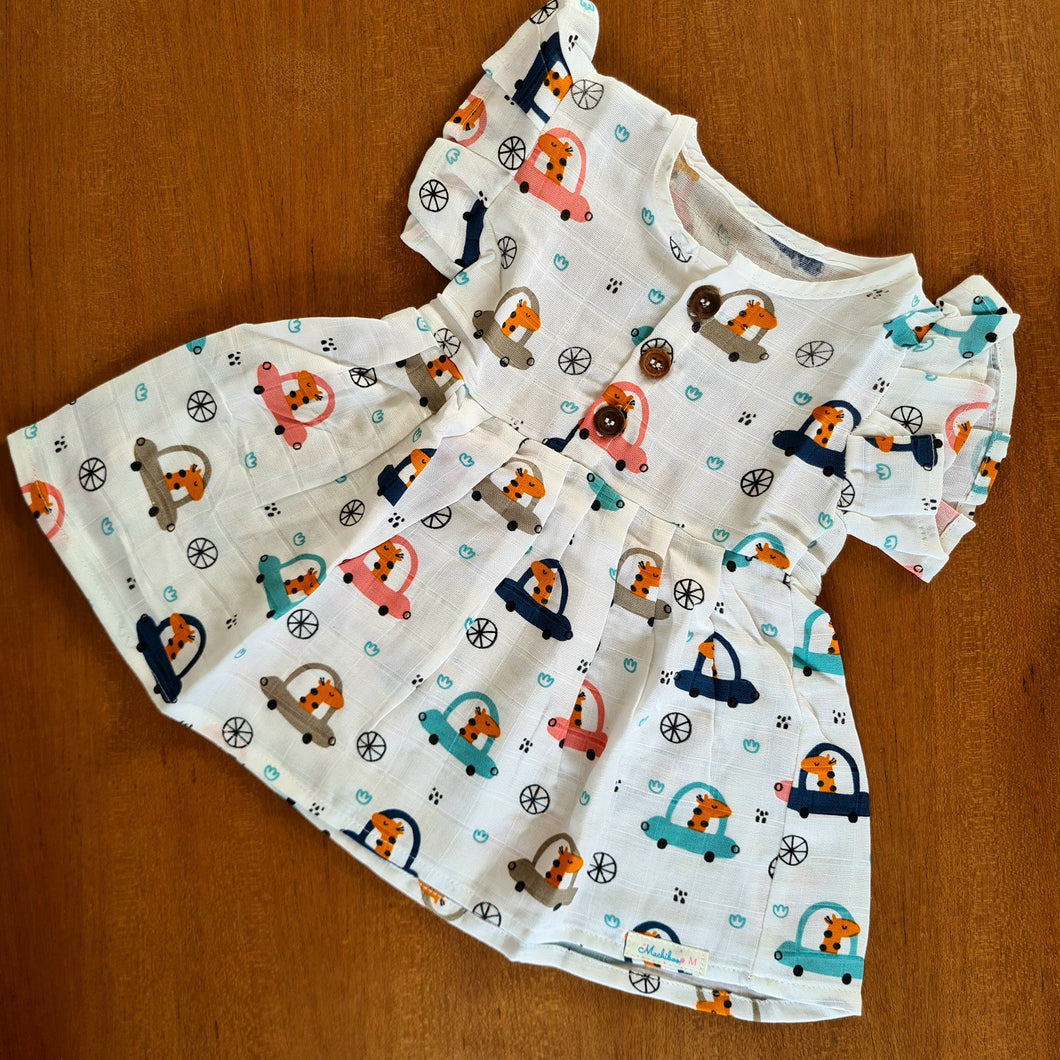 Giraffe In Car-Muslin Cotton Frock